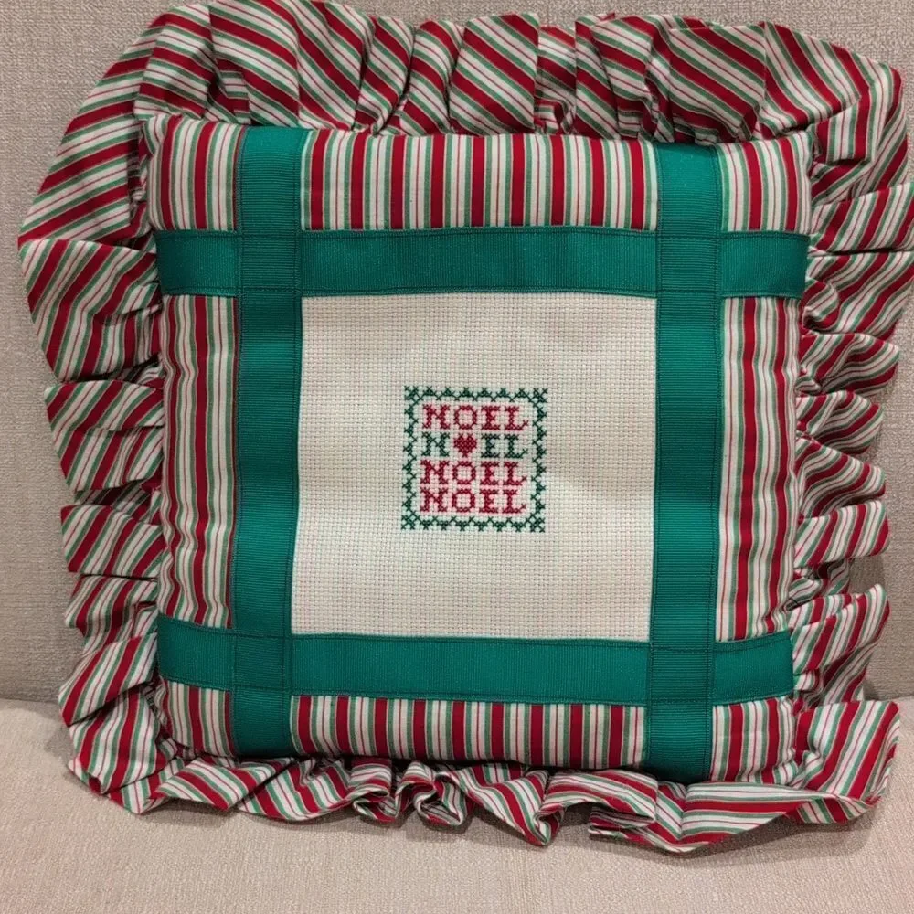 Handcrafted Festive Red and Green Ruffled Cross-stitch Holiday Pillows Set of 2